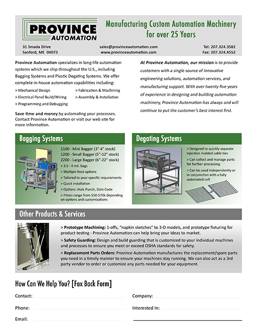 Province Automation brochure & fax back page